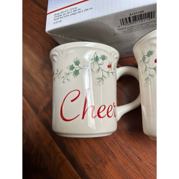 Pfaltzgraff Mugs WINTERBERRY Set of 2 Cheer Joy New in Gift Box - Picture 2 of 5
